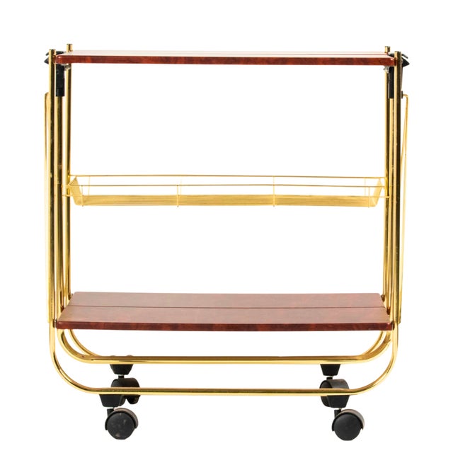1970s Vintage Folding Bar Cart in Brass and Faux Burl Wood, 1970s For Sale - Image 5 of 9