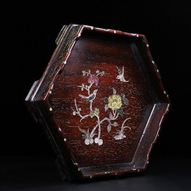 Late 20th Century Hexagonal Wood Tray With Mother-of-Pearl Bird and Floral Inlay For Sale In Los Angeles - Image 6 of 10