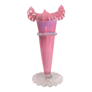 Victorian Pink Hand Blown Art Glass Jack in Pulpit Trumpet Vase, Clear Ruffled Base, Milky White Opal Rigaree