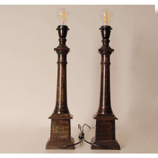Vintage French Traditional Tablelamps Empire Style Cast Iron Bronze Beige Linen Shade - A Pair For Sale - Image 9 of 11