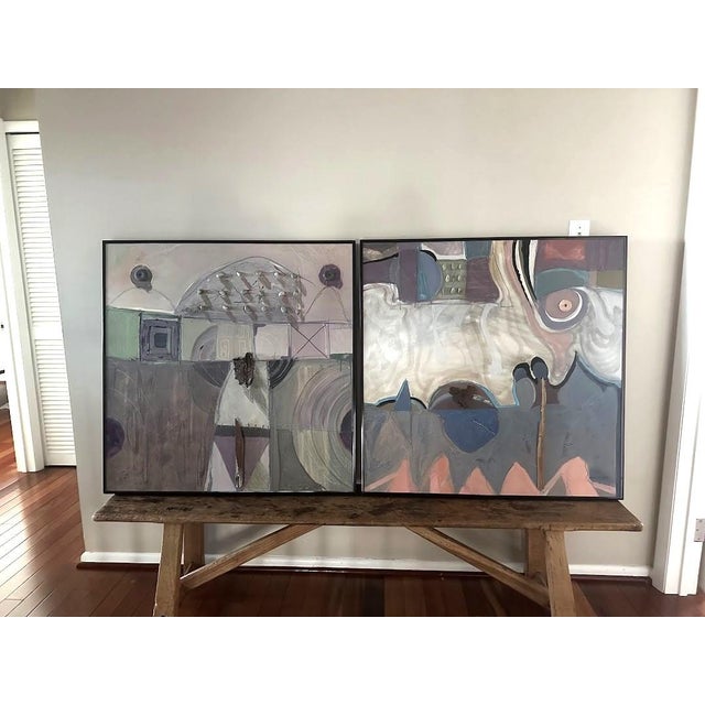 Pair of Original Vintage Signed Abstract Oil Paintings For Sale - Image 4 of 6