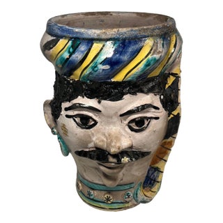 Circa 1950s Sicilian Majolica Moor Head Hand Made Ceramic Vase 10.5"h For Sale