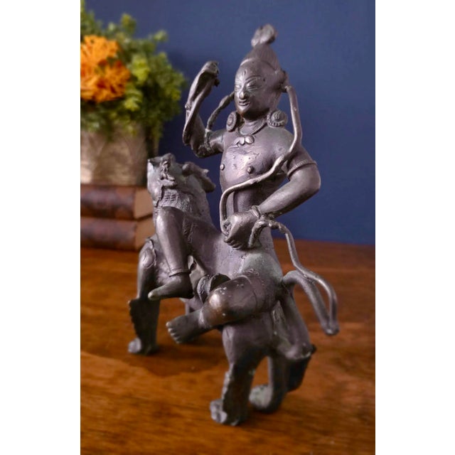 Indian Antique Indian Bronze Deity on Lion, 19th Century For Sale - Image 3 of 13