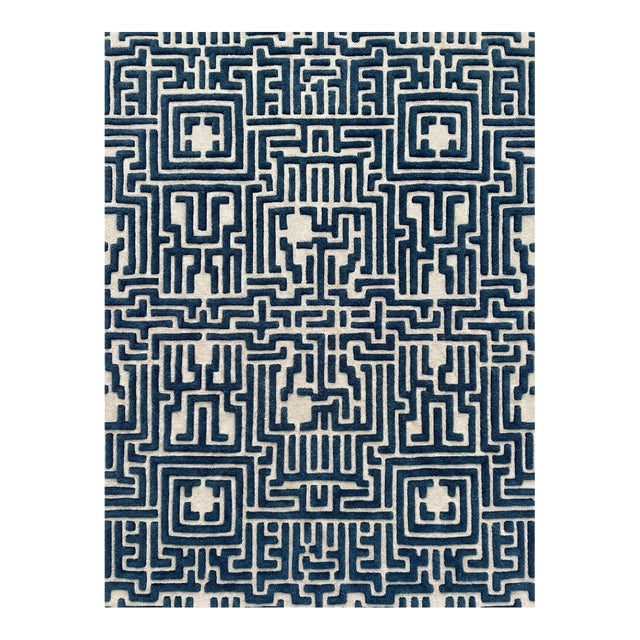 Theseus Hand-Tufted Maze Rug, Blueberry Blue, 4x6 For Sale