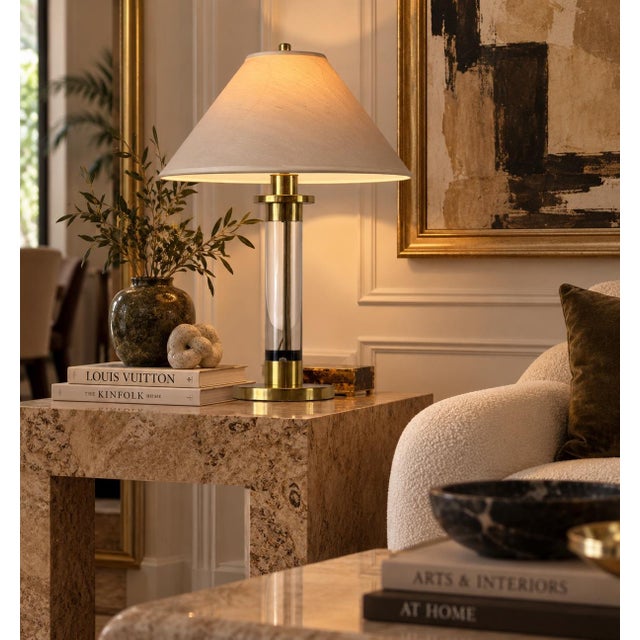 Striking 1980s vintage Postmodern table lamp by Frederick Cooper of Chicago, featuring a substantial clear Lucite...