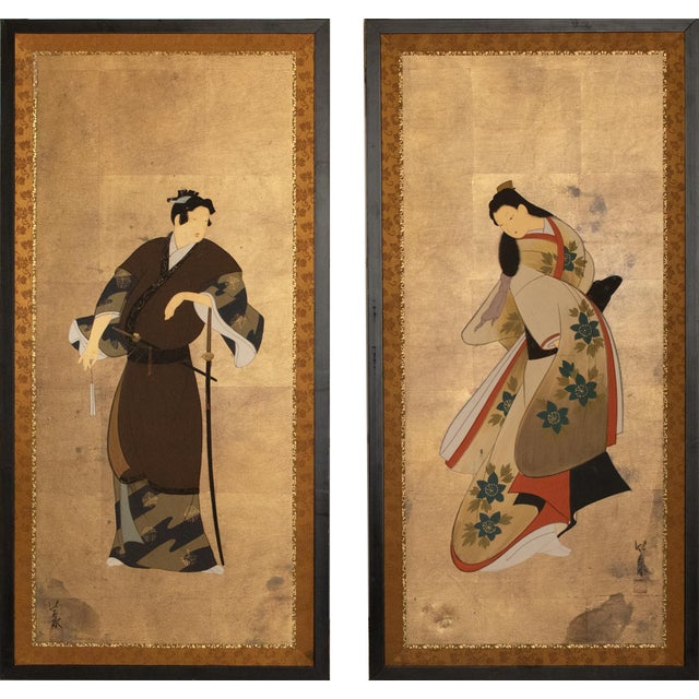 Showa Era Japanese Painted Panels "Samurai & Bijin", a Pair For Sale - Image 17 of 17