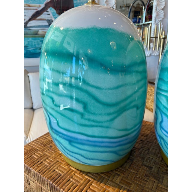 Vintage Pair Ceramic Watercolor Blue Green Modern Coastal Table Lamps Rewired For Sale In West Palm - Image 6 of 12