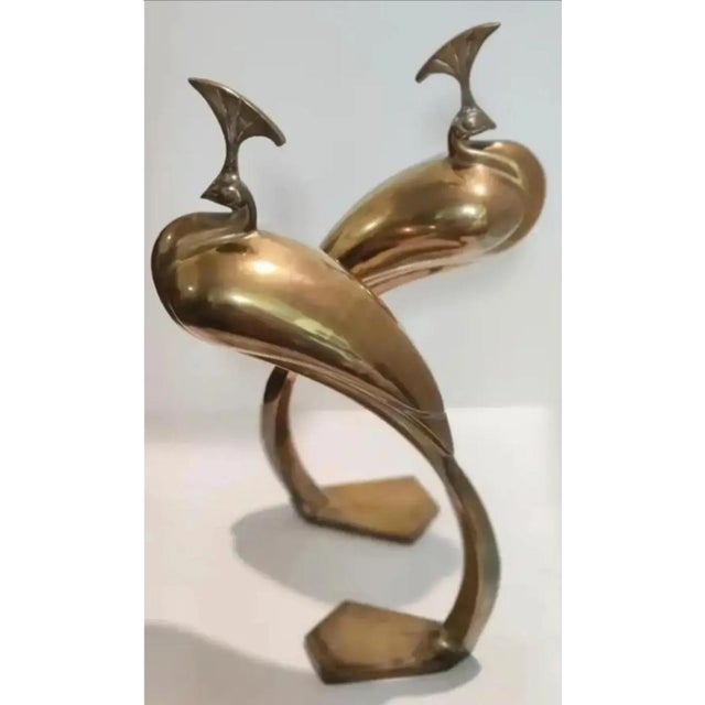 For your consideration. . . A rare pair of large standing Peacock Bird Sculptures made of heavy weight solid brass with...