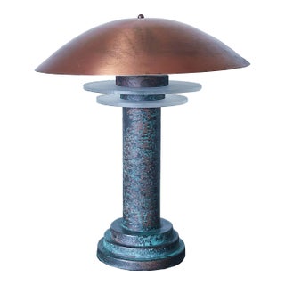 Vintage Art Deco Revival Table Lamp in Patina Copper With Glass / Lucite Discs and Copper Shade For Sale