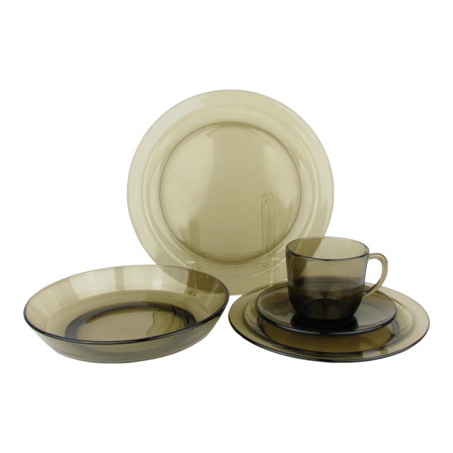 Vintage 1970s Vereco France Smoke Brown Glass Dinnerware Set - 40 Pieces For Sale