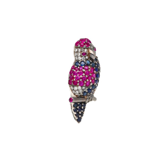 3.14 Carat Pink & Blue Sapphire & Diamond Pave in 18k White Gold Parrot Brooch For Sale - Image 4 of 7