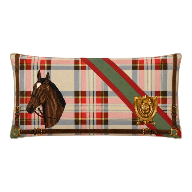 Ralph Lauren Tartan Banner Vintage Silk Scarf Pillow 35" For Sale