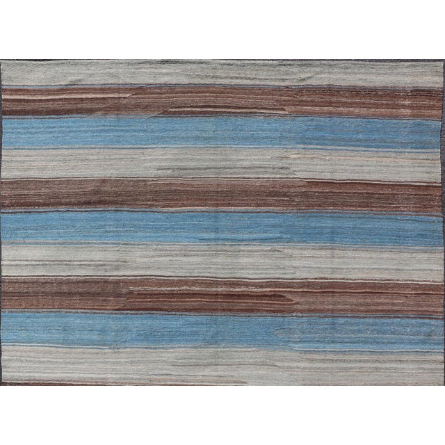 Textile Kilim Rug With Horizontal Stripes in Blue, Brown, and Soft Gray 8'4 X 11'10 For Sale - Image 7 of 13