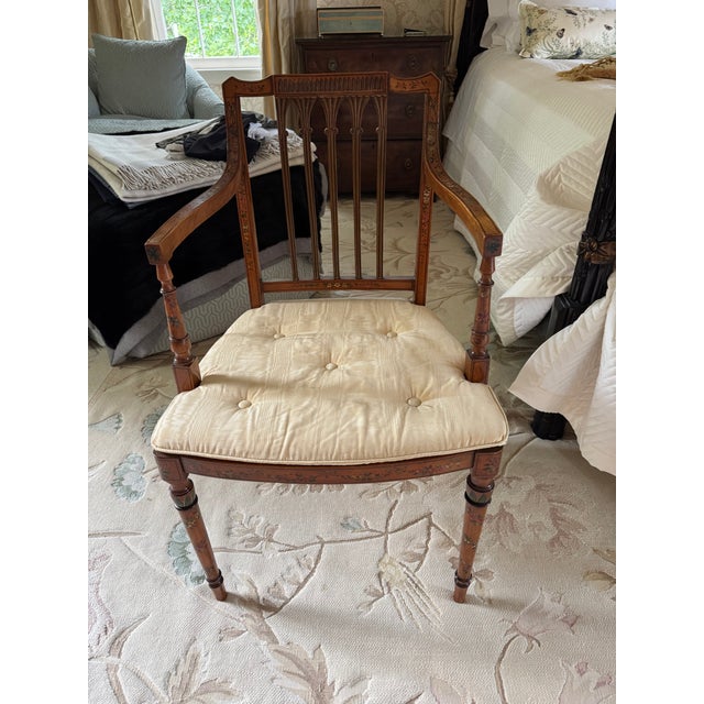 Early 20th Century Edwardian Satinwood Floral Painted Armchair With Cane Seat For Sale - Image 17 of 18