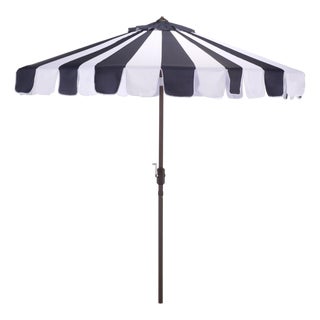 Meze 9 Ft Crank Umbrella, Navy Cabana Stripe/Brown Pole For Sale