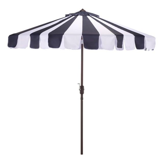 Meze 9 Ft Crank Umbrella, Navy Cabana Stripe/Brown Pole For Sale