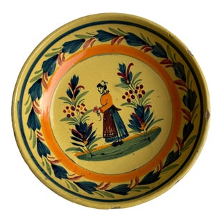 Antique French Henriot Quimper Bowl Featuring Breton Woman For Sale