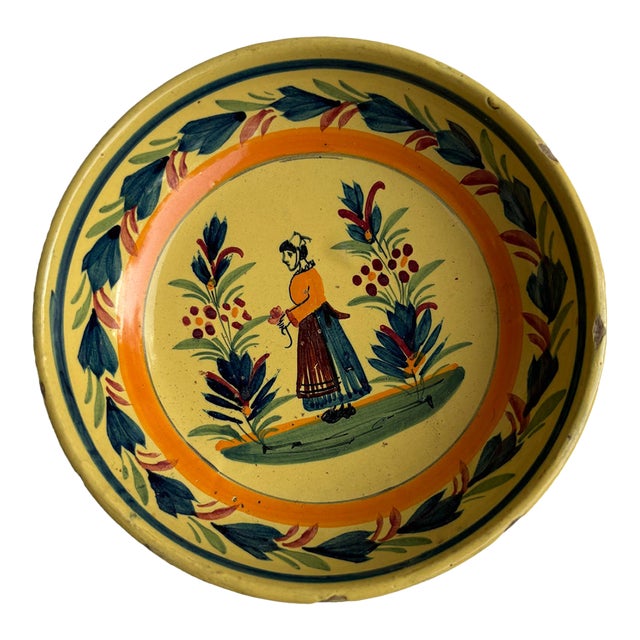 Antique French Henriot Quimper Bowl Featuring Breton Woman For Sale