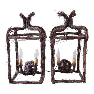 Twig Wrapped Lantern Sconces - a Pair For Sale