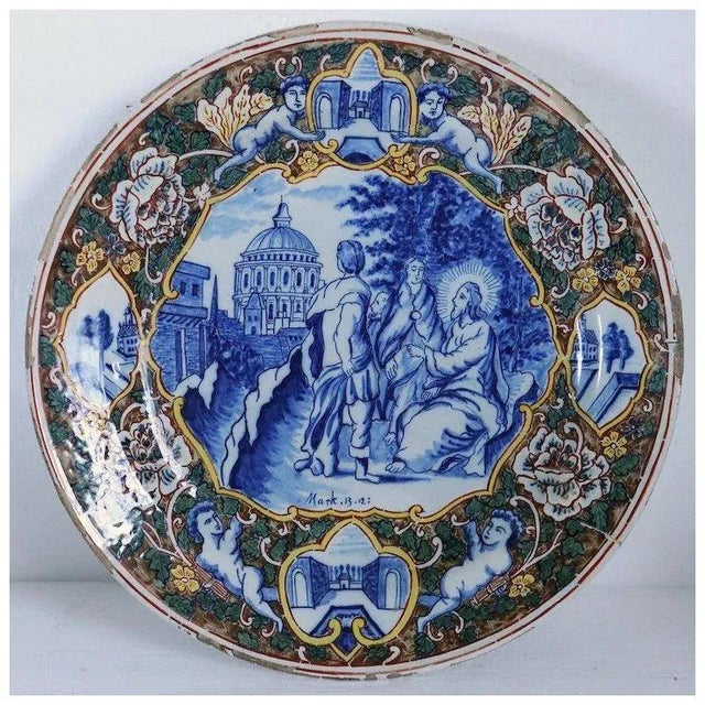 Traditional Large Dutch Delft Tin Glazed Pottery Polychrome Religious Scene Plate For Sale - Image 3 of 11