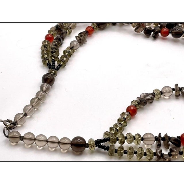 1980s 1960s Gemstone Three Strand Necklace Clear Quartz, Smokey Quartz and Carnelian Fastened With Hook Clasp For Sale - Image 5 of 5