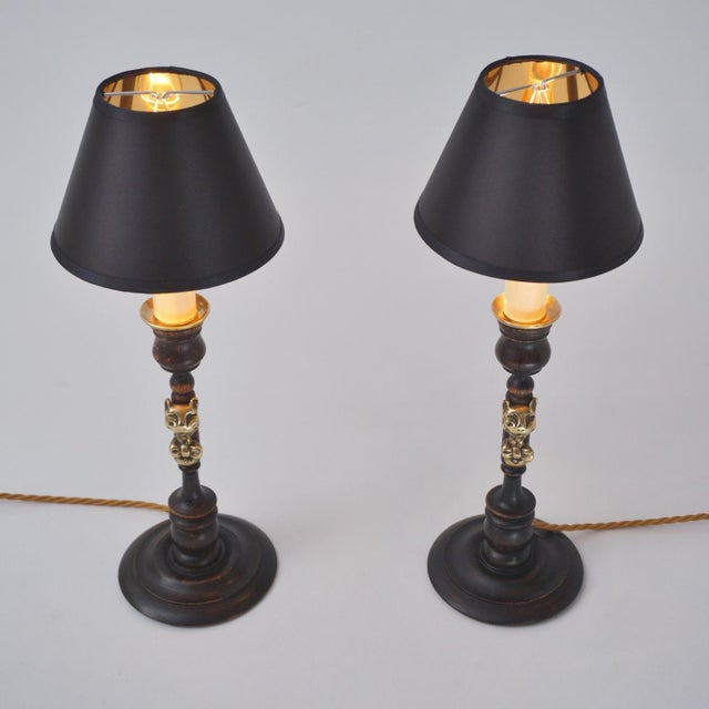 Brown 1920's English Candlestick Lamps Cheshire Cat Lewis Carroll Alice`s Adventures in Wonderland Brass & Oak by Rayswi Harrogate - A Pair, Rewired For Sale - Image 8 of 14