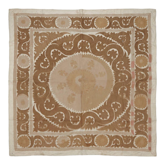 Hand-Embroidered Neutral Tan Suzani Wall Hanging For Sale