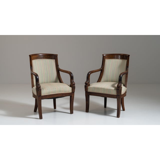 Pair of 19th Century French Chestnut Brown Empire Upholstered Armchairs For Sale - Image 12 of 15