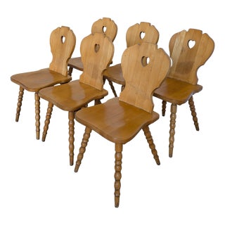 Vintage Tyrolean Farmhouse Heart Cutout Wooden Dining Chairs, 1970s, Set of 6 For Sale