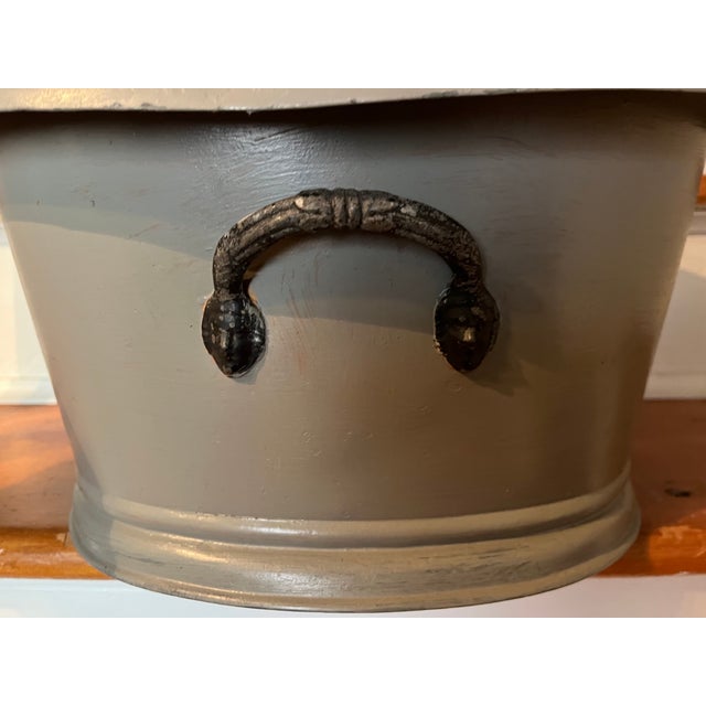Metal Antique 19th Century French Second Empire Tole Gray Painted Oval Jardiniere Cachepot Planter With Mask Handles For Sale - Image 7 of 18