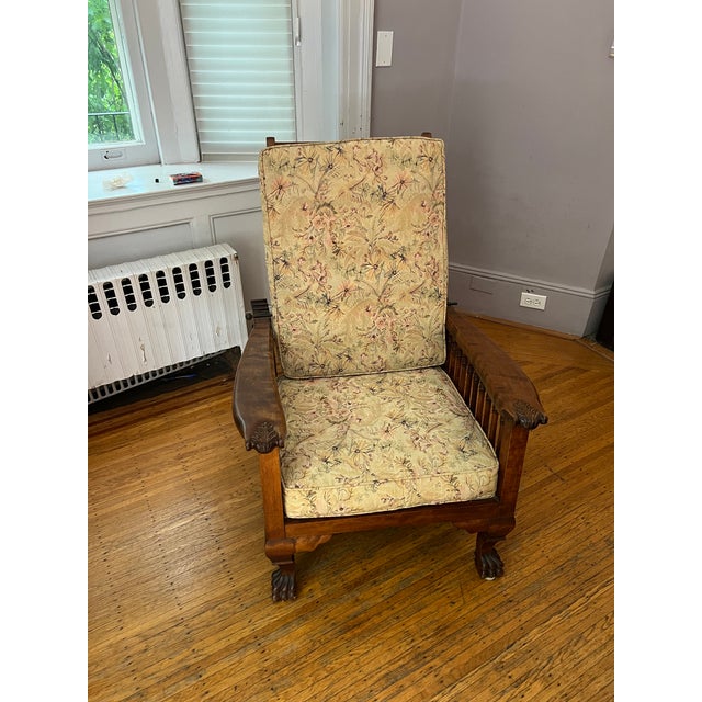 Morris & Co. Morris Style Reclining Chair With Floral Upholstery, Oak Leaf Detail on Armrest and Claw Feet For Sale - Image 4 of 10