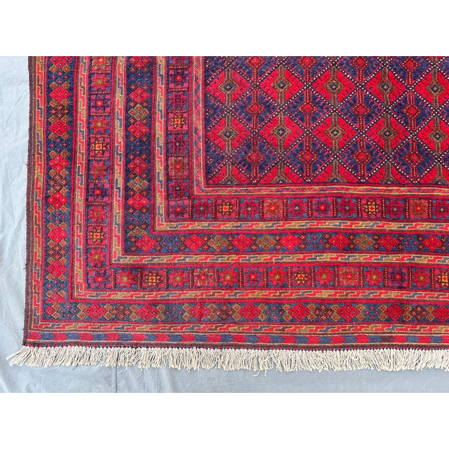 2000 - 2009 Good Quality Red and Navy Mushwani Andkhoy Hand-Woven Wool Rug - 6'8" X 10' For Sale - Image 5 of 12
