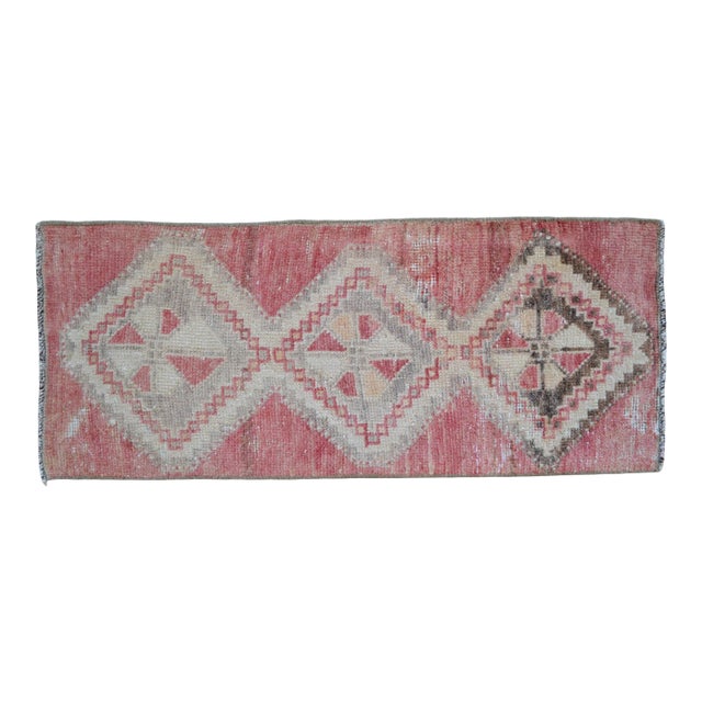 Vintage Faded Pink Turkish Rug 1x3 Hand Knotted Small Boho Mat Wool Runner Decor For Sale