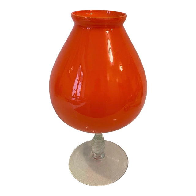 Murano Mid-Century Orange Glass Footed Bowl For Sale