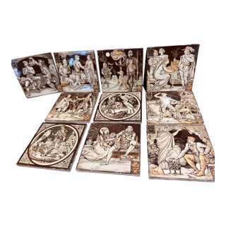 Antique Minton China Works Tile Set c.1880 Sir Walter Scott Waverley Scenes For Sale