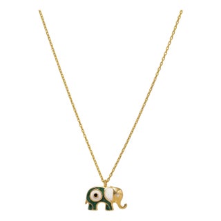 Wishful Elephant & Evil Eye Green Enamel Pendant Gold Chain Necklace For Sale