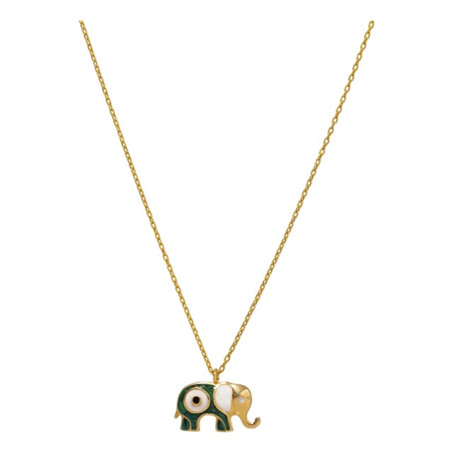 Wishful Elephant & Evil Eye Green Enamel Pendant Gold Chain Necklace For Sale