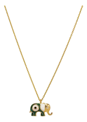 Wishful Elephant & Evil Eye Green Enamel Pendant Gold Chain Necklace