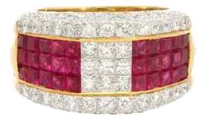 3.08 CTW Ruby and Diamond Cluster Band Ring in 18k Two Tone Gold, Size 6