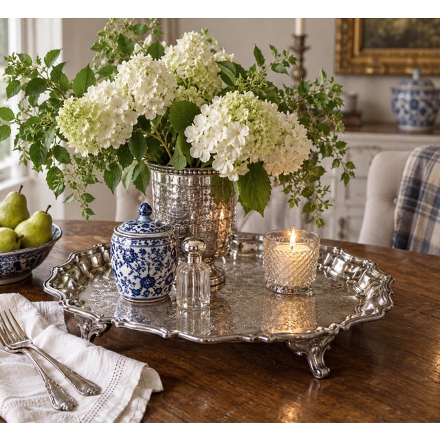 Elegant vintage Leonard silverplate footed serving tray featuring exceptionally detailed floral, foliate, and scroll...