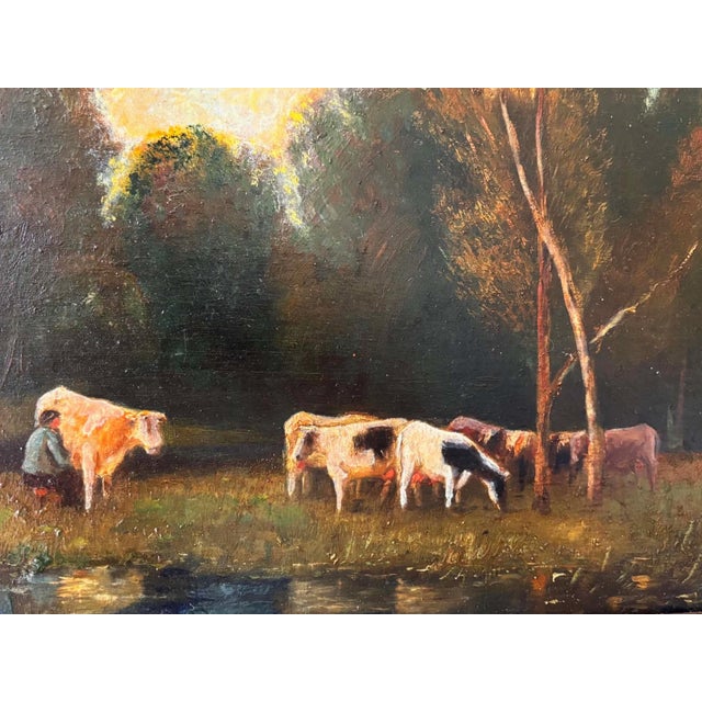 Rustic Cows at Sunset Pastoral Landscape, Oil Painting on Wood Panel, Framed For Sale - Image 3 of 9