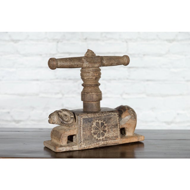 Indian Antique Wooden Hand Noodle Maker with Carved Ram and Vice Press For Sale In New York - Image 6 of 12