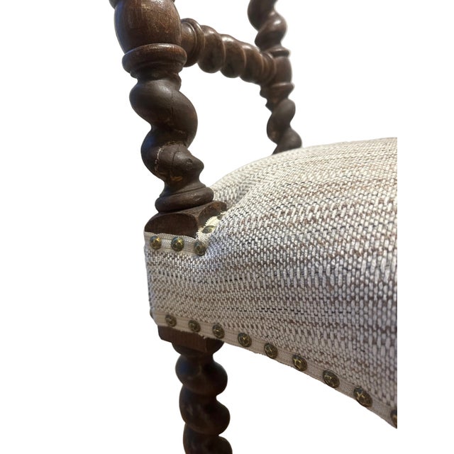 Beautiful pair of continental twisted oak boudoir chairs, circa 1870 (based on the Jacobean style) and newly reupholstered...