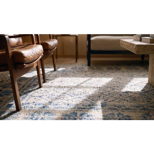 Blue 1920s White Blue Geometric Antique Agra Cotton Rug 3'6" X 5'9" Handknotted Wool Carpet For Sale - Image 8 of 9