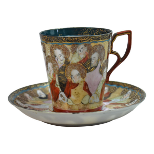 Early 1900s Japanese Kutani Immortal Gods Demitasse Porcelain Tea Cup & Saucer