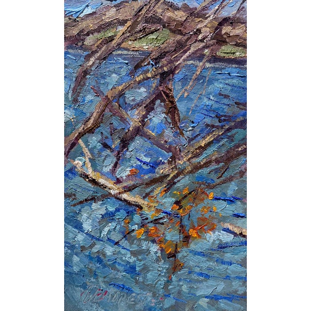 Sloan's Lake by Delton Demarest | Oil on panel of water with branches and autumn leaves For Sale