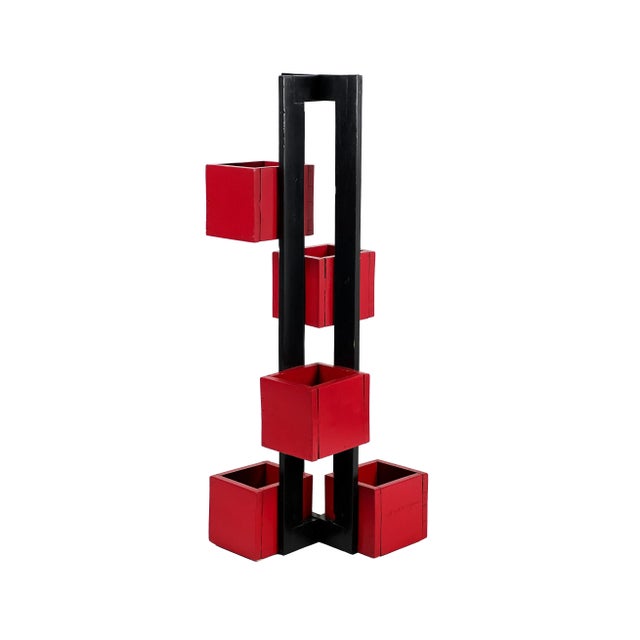 Vintage 1960s Handmade Modern Painted Black & Red Wood De Stilj Staggered Cubes Floor Planter For Sale - Image 9 of 11