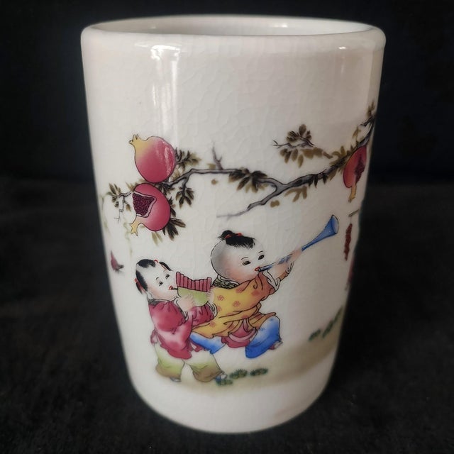 Art Deco Chinese Ceramic Pot,Guangxu Marked Famille Rose Porcelain Brush Pot Hand Painted Playing Children Pattern For Sale - Image 3 of 9