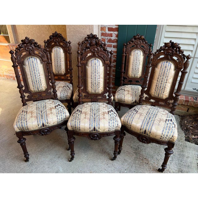 French Country Set 6 Antique French Dining Chairs Renaissance Carved Oak Black Forest C1880 For Sale - Image 3 of 18
