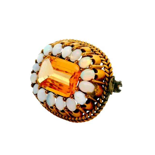1900 - 1909 Antique Citrine Opal 10k Gold Halo Brooch For Sale - Image 5 of 6
